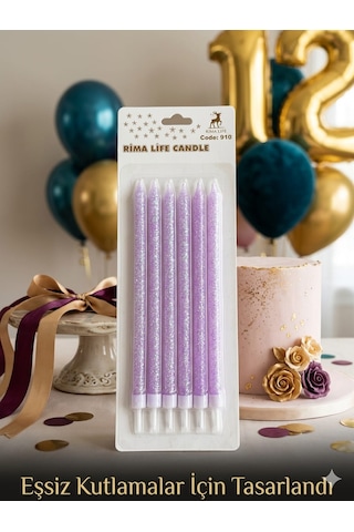 Rima Life Candle Doğum Günü Pasta Mumu, Mor Simli, Uzun İnce, Kutlama İçin, 6'lı Paket +0