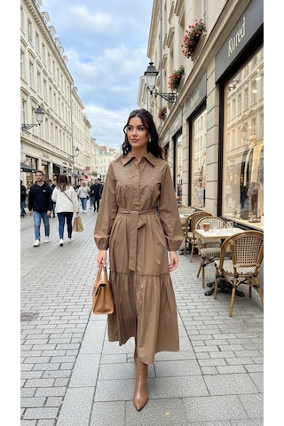 Nuss 2040 Desenli Elbise- Camel
