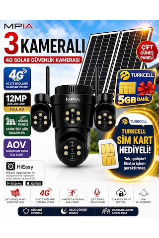 Mpıa Koto 12mp 3 Lens 4g Çift Solar Panel Hieasy Aov Sürekli Kayıt Gece Görüş Çift Yönlü Ses Turkcell Sim Kart