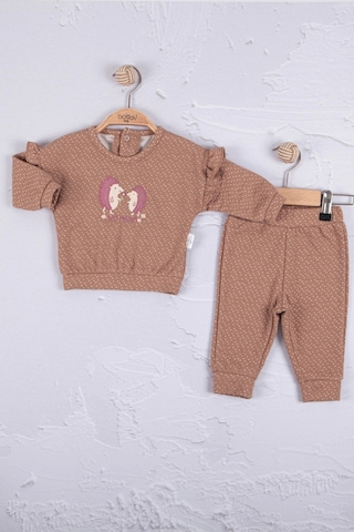 Babydonat Kirpi Nakışlı Pamuk 2'li Kız Bebek Takım Kahverenği Kahverengi