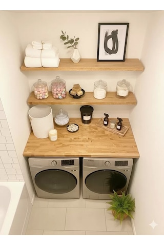 %100 Masif Ahşap Çamaşır Makinesi Ve Kurutma Makinesi Üstü Ve Duvar Rafları 120x60cm 26152677