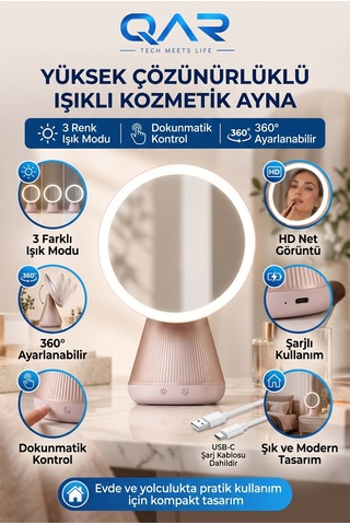 Şarjlı Yuvarlak Led Makyaj Aynası Dokunmatik 3 Renk Işıklı 360 Ayarlanabilir Masa Aynası Çok Renkli