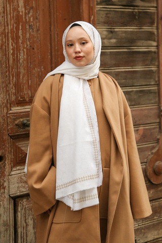 Premium Lux Original Monogram Şal İpek Vual, Yüksek Kalite, Hafif, Rahat, Şık, Tesettür, Shawl Krem
