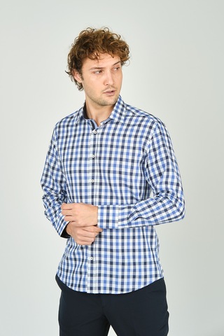 De Leone Erkek Slim Fit Kareli Uzun Kollu %100 Pamuk Gömlek 2240 Mavi Mavi