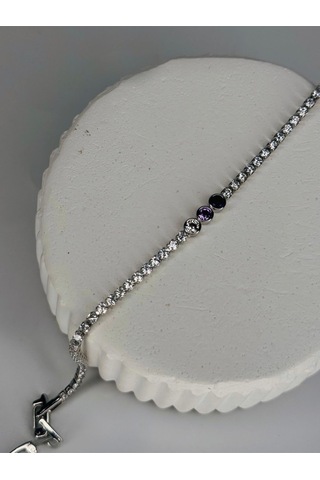 Mor Ve Siyah Taş Detaylı Gümüş Renk Çelik Bileklik Zarif Kadın Takı Gümüş