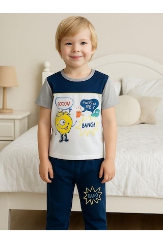 Zekids Erkek Çocuk Eğlenceli Baskılı Kısa Kollu Pijama Takımı-16033 Beyaz
