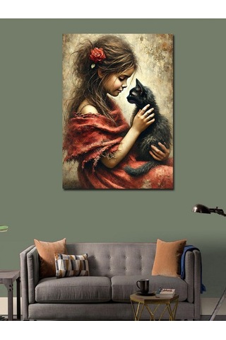 Kanvas Tablo Kara Kedi Ve Kız Çocuğu 70cmx100cm