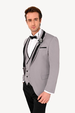 Ysf Erkek Gri Slim Fit Yelekli Şal Yaka Damatlık