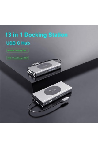 Yerleştirme İstasyonu Usb C Hub 13'ü 1 Arada Kablosuz Şarj İstasyonu, Usb C - Hdmı, Ethernet, Vga, 5 Usb Ve Sd/tf,