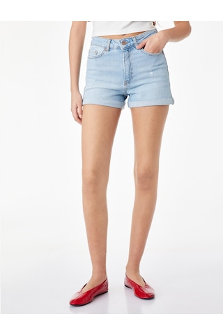 Koton Pamuklu Yüksek Bel Slim Fit Duble Paça Mini Denim Şort Açık İndigo 6sal40005md