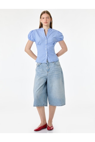 Koton Pamuklu Slim Fit Poplin Balon Kollu V Yaka Gömlek Mavi Ekose 6sal60211ıw