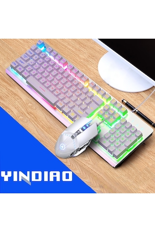 Yındıao K002 Usb Kablolu Mekanik Hissediyorum Rgb Arkadan Aydınlatmalı Klavye + Optik Fare Seti Beyaz