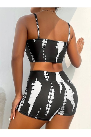 Ahes Shopping Kadın Büzgü Detay Askılı Crop Mini Tayt Ikili Takım Siyah