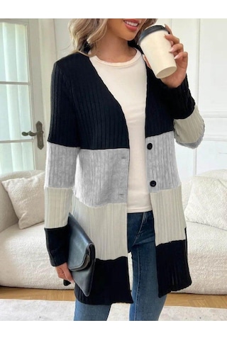 Kadın Uzun Kollu Çok Renkli Önden Düğmeli Uzun Ceket Siyah