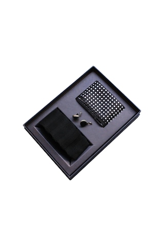 Coolmenclub Kravat Cep Mendili Geçmeli Kol Düğmesi Hediye Seti Siyah