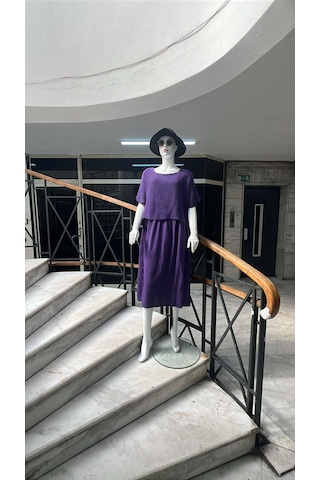 İtalyan Müslin Keteni Üstü File Bluzlu Astarlı Tek Parça Elbise-9256 Mor