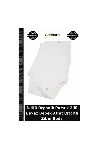 Carlburn Zıbın Yumuşak Unisex Kaliteli 100 Organik Pamuk 3'lü Beyaz Bebek Atlet Çıtçıtlı Zıbın Body