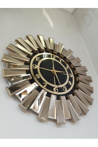 Ayna Denizi Güneş Twins Bronze Black Model Altın Siyah Renk 70 cm Dekoratif Aynalı Duvar Saati Altın - Siyah