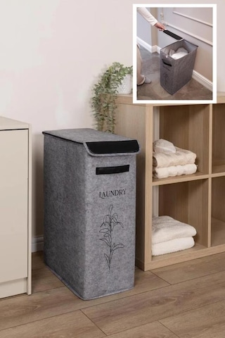 Flosoft Deri Detaylı Kapaklı Keçe Çamaşır Sepeti, Çok Amaçlı Çamaşır Oyuncak Saklama Kutusu Gri