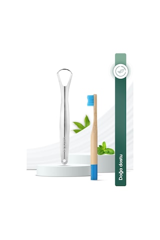 Tbrush Mavi Doğal Bambu Vegan Çocuk Diş Fırçası - Soft (yumuşak) + Paslanmaz Çelik Dil Temizleyici
