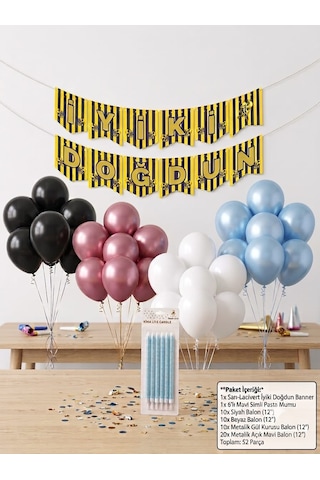 52 Parça Doğum Günü Balon Süsleme Seti Sarı Lacivert İyiki Doğdun Banner, 6'lı Mavi Simli Pasta Mumu, Gül Kurusu, Siyah, Beyaz & Açık Mavi Balon Paketi Çoklu Renkli 52 Parça Doğum Günü Balon Süsleme Seti Sarı Lacivert İyiki Doğdun Banner, 6'lı Mavi Simli Pasta Mumu, Gül Kurusu, Siyah, Beyaz & Açık Mavi Balon Paketi Çoklu Renkli