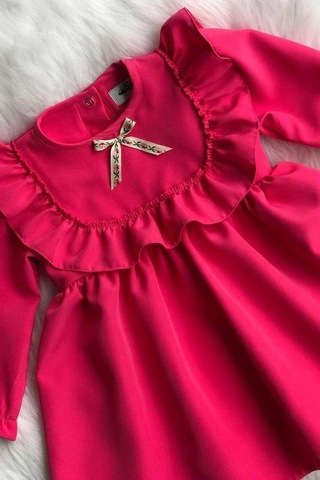 Fırfır Ve Kurdele Detaylı Tasarım Şeker Pembe Kız Çocuk Bebek Elbise 001