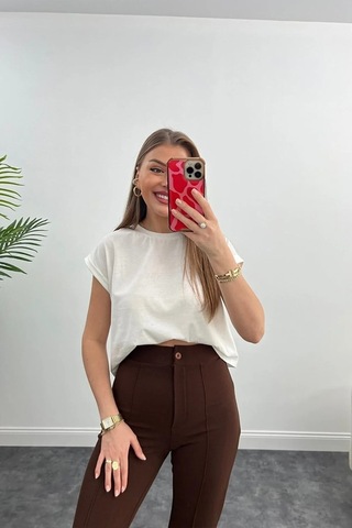 Winmoda34 Yüksek Bel Çimalı Palazzo Kumaş Pantolon Nevrulu kahve