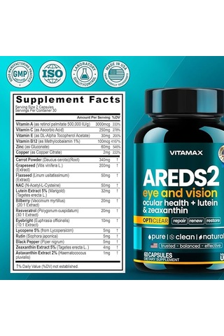 Areds 2 Eye Vitamins - Lutein, Zeaxanthin, Bilberry, Astaxanthin Mineral Vision 60 Kapsül