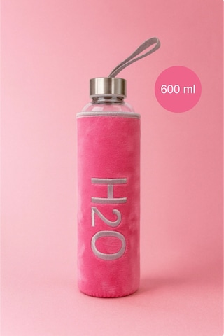 Peluş Kılıflı Cam Matara 600 Ml Pembe Pembe