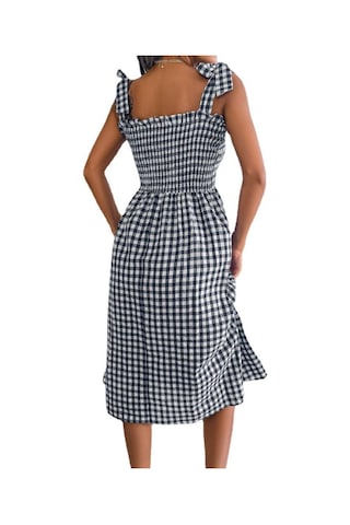 Gmxıa İlkbahar Yaz Rahat Bağcıklı Renk Kontrast Ekose Orta Boy Elbise Kadınlar İçin Mavi