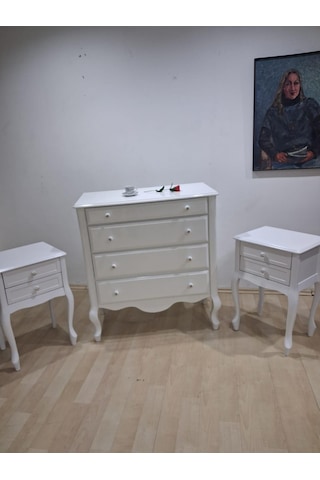 Şifonyer 2 Adet Komodin 90668 Model Aslan Ayak Kayın Parlak Beyaz Porselen Kulp