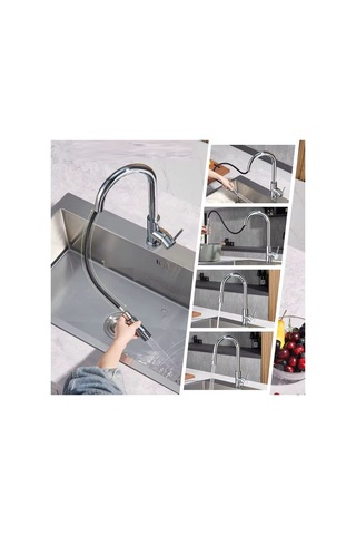 Rena Design Mutfak Evye Bataryasi Krom Spiralli Çek Birak Uzayan 2 Modlu Başlik Yağmurlama Sprey Prinç Musluk