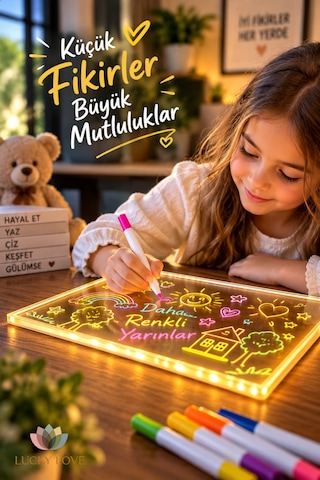 Led Işıklı Silinebilir Yazı Ve Çizim Panosu 30x20 Cm Fosforlu Kalemli Usb'li Katlanabilir Ayaklı Şeffaf