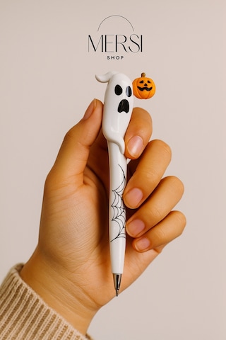 Halloween Tükenmez Kalem Gerçekçi Figür Desenli Dekoratif Kalem 16cm Beyaz