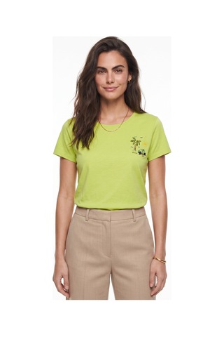 Onloox Kadın Fıstık Yeşili Fıstık Yeşili Pamuklu Bisiklet Yaka Kısa Kollu Summer Nakış Detaylı Premium Tasarım T-shirt