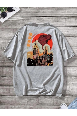 Erkek Gri Oversize Japanese Dinazor Baskılı T-shirt Gri-45748