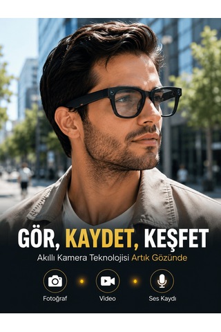 Siyah Bluetooth Akıllı Kamera Gözlüğü Fotoğraf Video Ses Kayıtlı Aı Sesli Asistanlı Manyetik Şarjlı