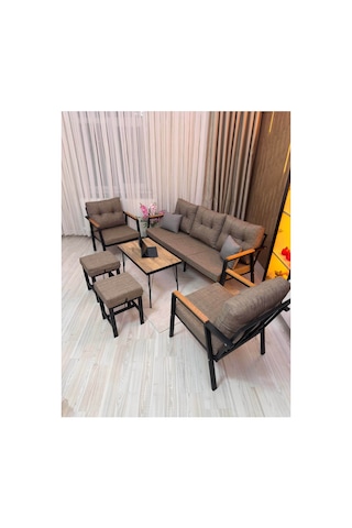 Houseart Balkon, Bahçe - Metal Kanepe Koltuk Takımı 3+1+1 + 2 Adet Puf + Sehpa Cappuccino