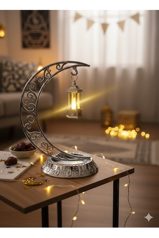 Dekoratif 28 Cm Hilal Parlak Gümüş Ramazan Led Lamba 10 Cm Kancalı Set Diğer