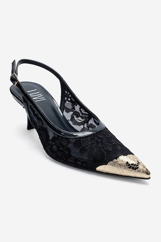 Luvi Shoes Clem Lacivert Dantel Detaylı Altın Burunlu Kadın Topuklu Ayakkabı