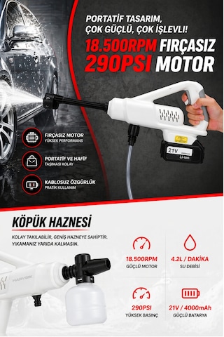 Hx-4000 Profesyonel Yüksek Basınçlı Araç Yıkama Makinesi 290 Psı 18.500 Rpm Çift Bataryalı Şarjlı Tabanca Beyaz