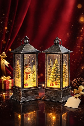 Led Işıklı Noel Feneri 2 Li Set Kardan Adam & Çam Ağacı Temalı Dekoratif Yılbaşı Lambası 14 Cm 20