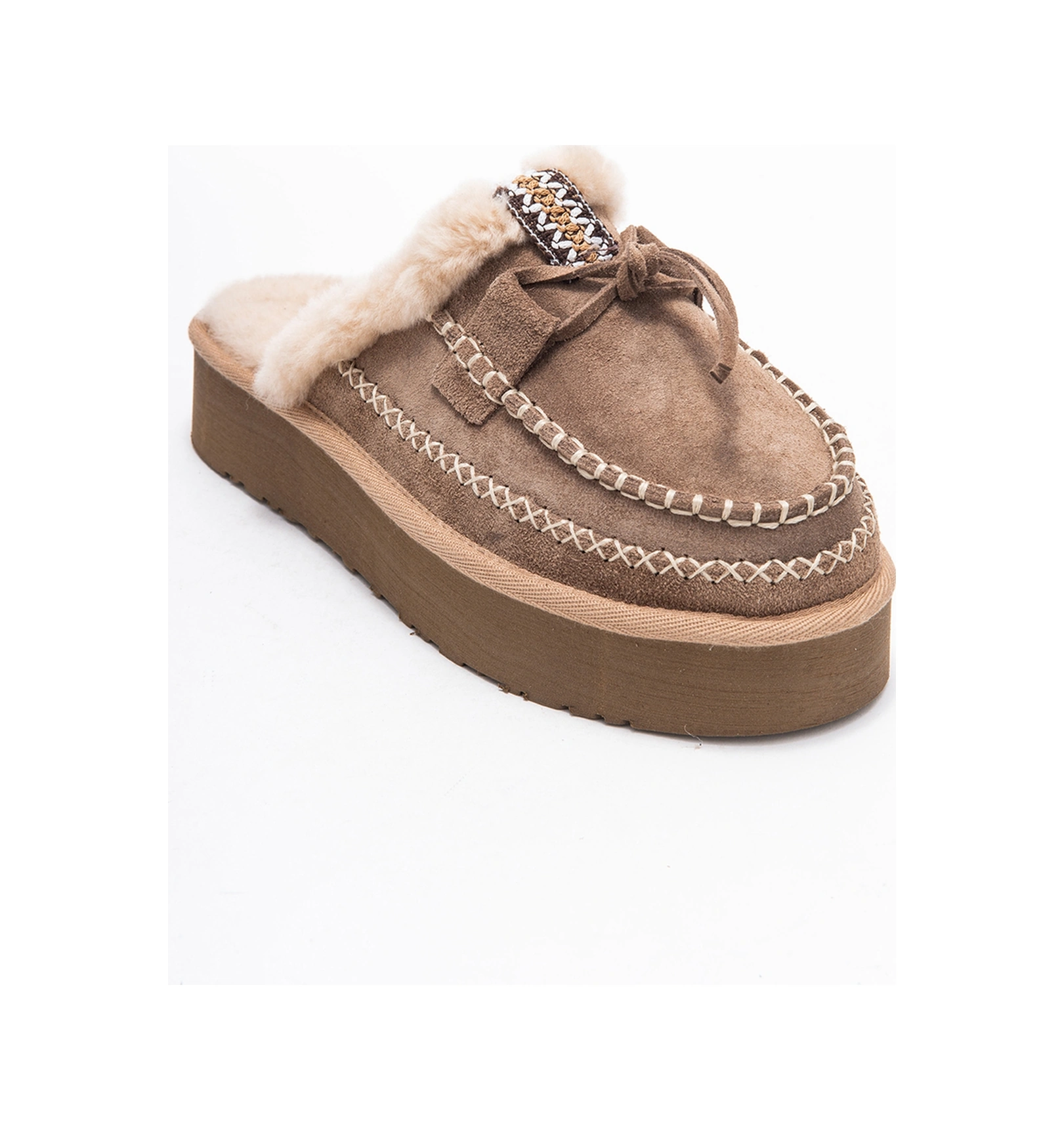 Yalına Kum Süet Hakiki Deri Dikişli Kürklü Kadın Platform Tabanlı Makosen Terlik Kum