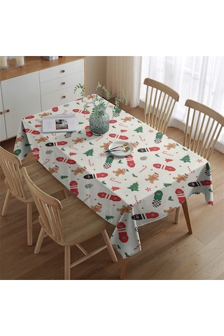 Noel Desenli Dikdörtgen Masa Örtüsü 60x84 İnç, Su Geçirmez Ve Leke Tutmaz Noel Kaykay Zencefil Ekmek