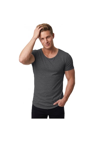 Deepsea Erkek Antrasit Slim Fit %90 Pamuk Açık Yaka Oval Kesim Likralı Basic Tişört 1801199