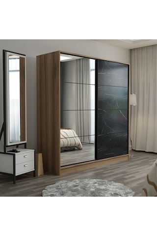 Minarmobilya Minar Kale 2 Kap.Aynalı Sürgülü Dolap 180 Cm - Dore/ Royal Mermer