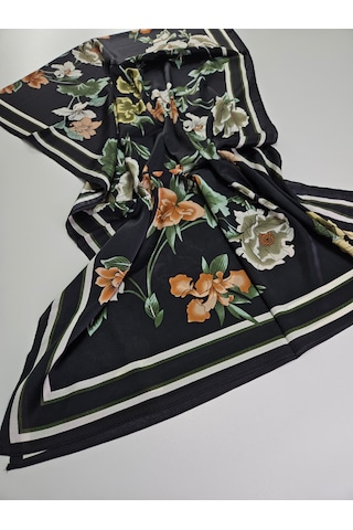 Miorel Scarfs Yeni Sezon Çiçek Desen Vual İpek Şal Fular Silk Scarfs Shawl Hijab Siyah