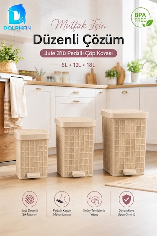Jute 3 Lü Pedallı Çöp Kovası Seti 6 L + 12 L + 18 L Bej
