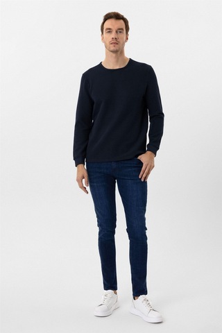 Süvari Lacivert Slim Fit Armürlü Bisiklet Yaka Triko Kazak-36350 Lacivert