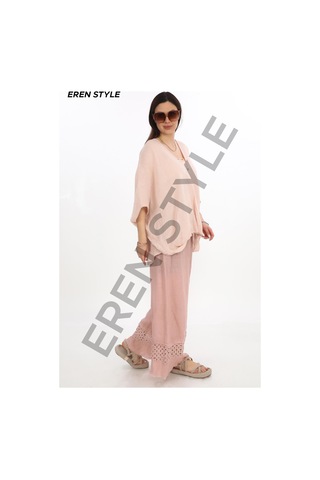 Eren Style İtalyan Fisto Paça Detaylı Keten Pantolon-9893 Pudra
